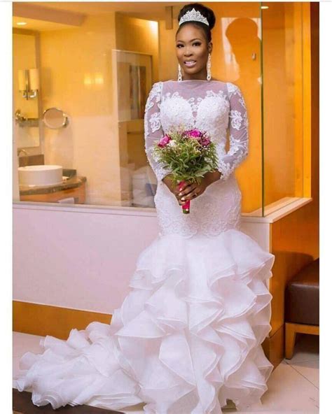 2020 African Black Girl Mermaid Wedding Dresses Crew Neck 34 Long