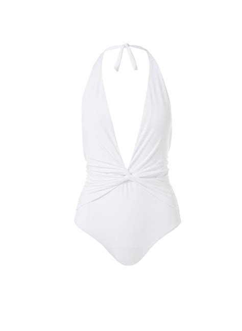 Tahiti White Halterneck Plunge Ruched One Piece Swimsuit