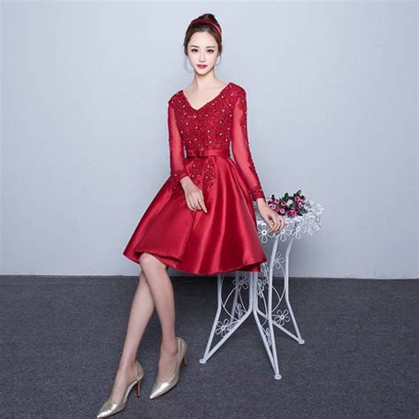 V Neck A Line Short Red Prom Cocktail Dress With Sleeves