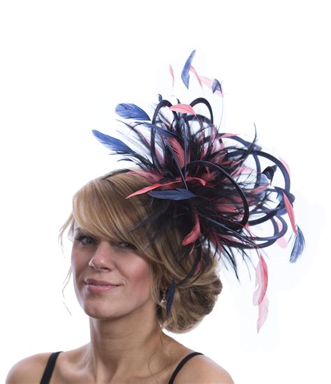 navy blue and coral pink satin feather medium fascinator hat martha maighread stuart millinery