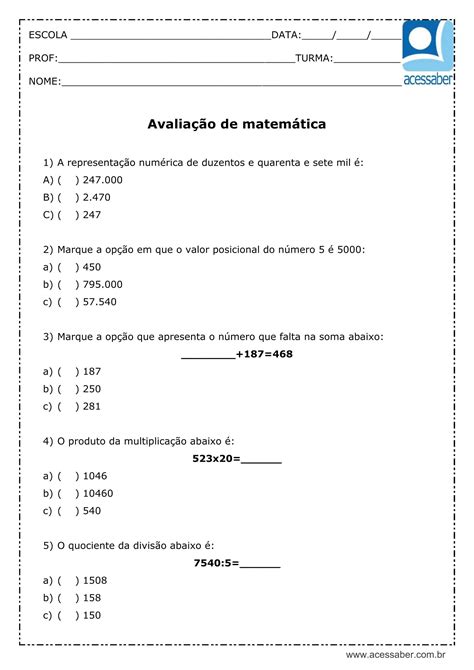 Atividade De Matem Tica O Ano Excelente