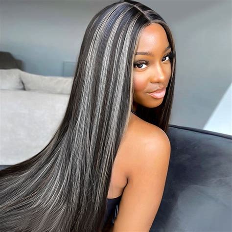 Straight Black Wigs With Gray Highlights Lace Front Wig Flash Sale Black Hair With Highlights