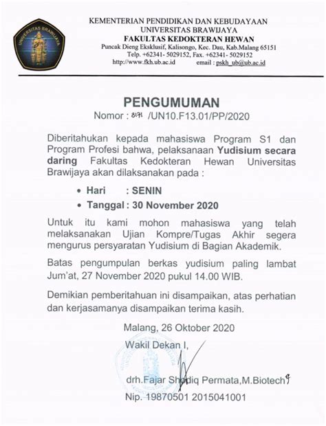 Pendaftaran Yudisium November 2020 Fakultas Kedokteran Hewan