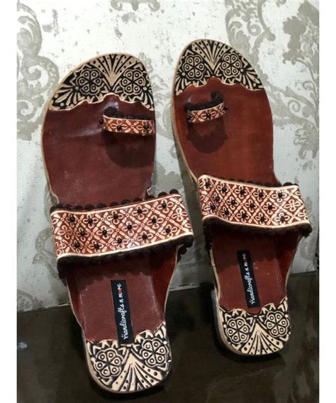 Brown Beaded Kolhapuri Chappals Embossed Boho Style Slippers Sandals