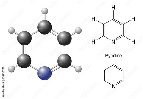 Structural Chemical Formulas And Model Of Pyridine Molecule Stock