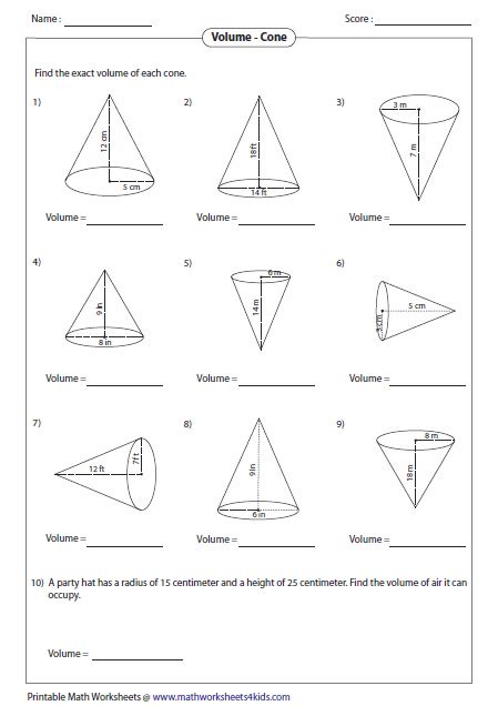 Find the volume of an oblique cone with a diameter of 12 ft and a height of 15 ft. Volume Worksheets