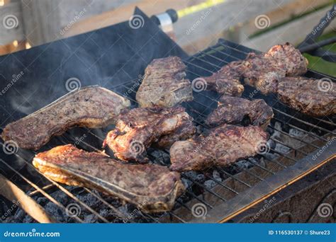 Beef Steaks On A Barbecue Grill Stock Image Image Of Fire Fireplace