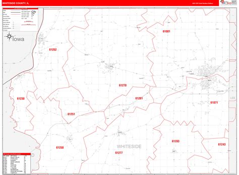 Whiteside County, IL Zip Code Wall Map Red Line Style by MarketMAPS