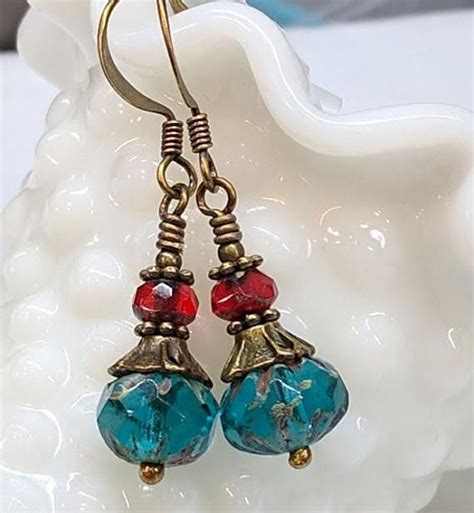 Teal Blue Glass Bead Dangle Earrings Czech Glass Boho Chic Earrings