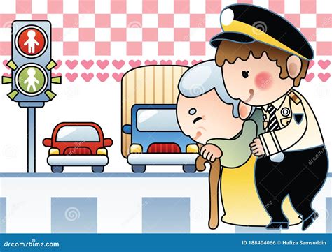 Traffic Officer Helping Out Old Man Vector Illustration Decorative