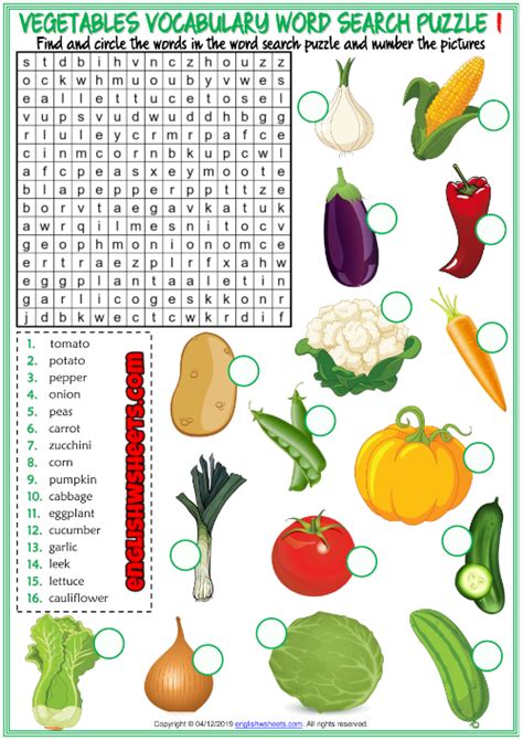 Vegetables Vocabulary Esl Word Search Puzzle Worksheets