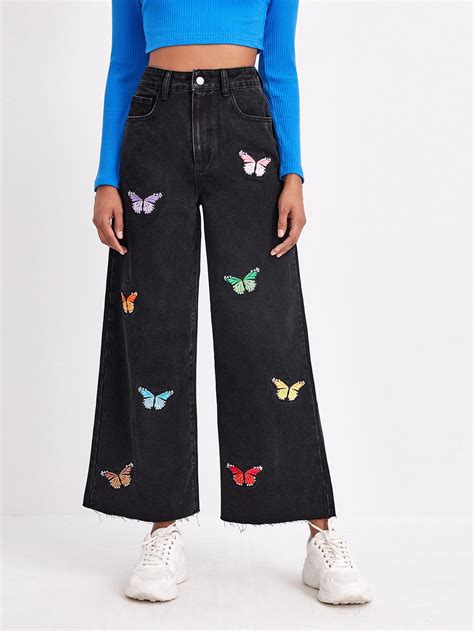 High Waisted Butterfly Embroidery Wide Leg Jeans Shein Denim