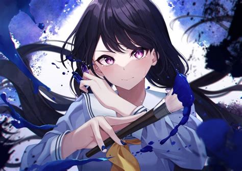 Download 2461x1744 Teary Eyes Beautiful Anime Girl Brush School