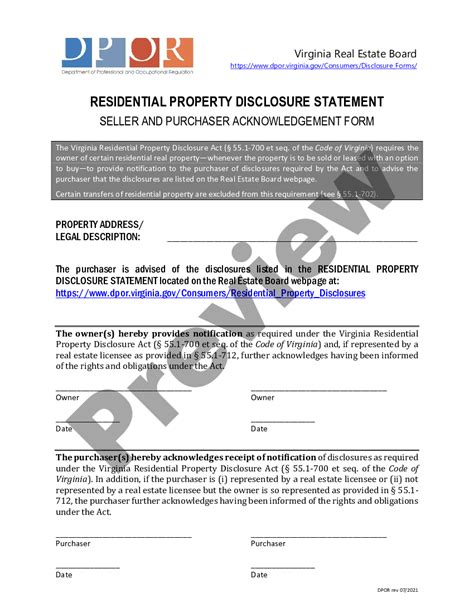 Virginia Residential Real Estate Sales Disclosure Statement Virginia