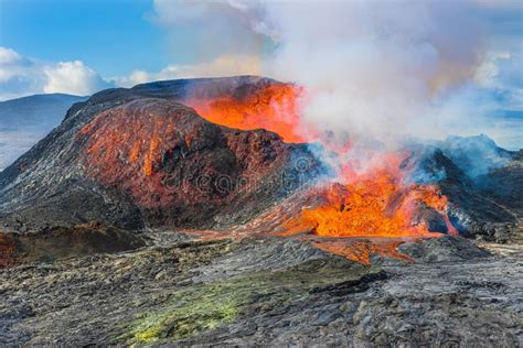 Crater From Volcano During Eruption On Iceland Stock Image Image Of