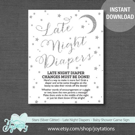 Silver Glitter Stars Late Night Diapers Baby Shower Game Sign Printable