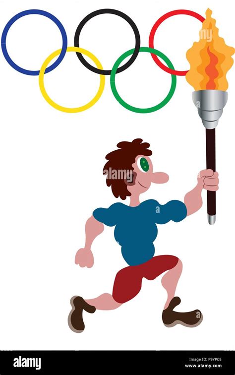 An Athlete Running With The Olympic Torch With Olympic Flag In The
