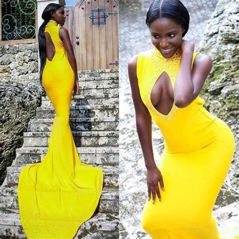 Sexy High Neck Sleeveless Beaded Yellow Mermaid Prom Dresses African Vestido De Festa Long Court