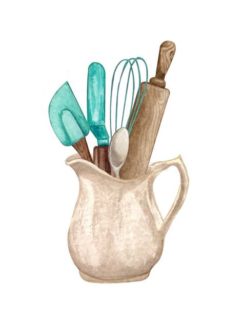 Baking Watercolor Illustration With Kitchen Utensils In A Clay Jag