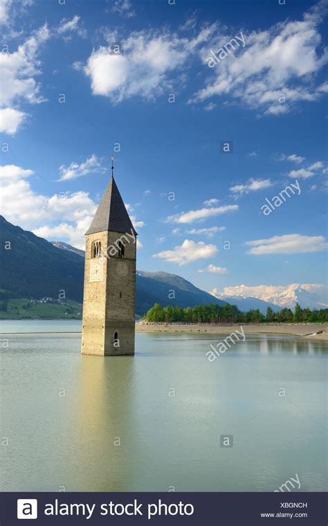 Italy The Bell Tower In Reschen Lake Stock Photos And Italy The Bell