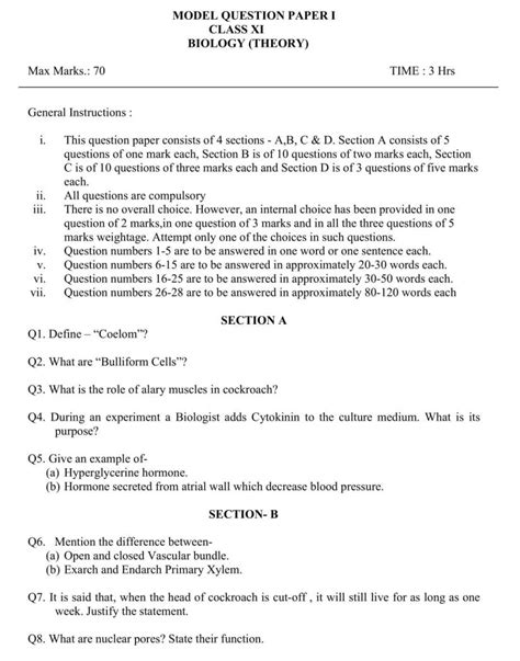 Sample Paper Of Biology Class 11 Cbse Papers Free Pdfs