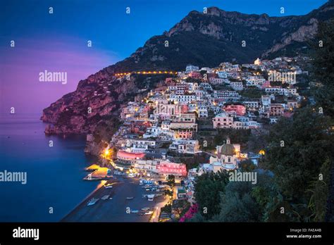 Evening View Along The Amalfi Coast Of The Hillside Town Of Positano