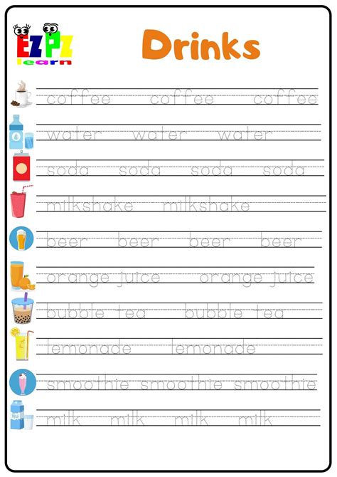 Drinks Word Tracing Worksheet