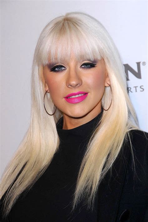 Christina Aguilera Straight Platinum Blonde Blunt Bangs Hairstyle