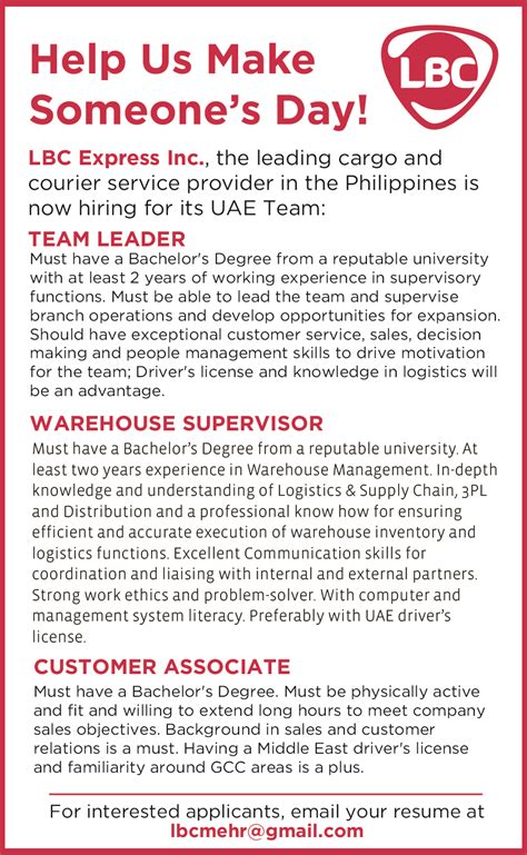 There are sample resume objectives available. LBC Express Urgent Job Hiring - WAREHOUSE SUPERVISOR, TEAM LEADERS & CUSTOMER ASSOCIATES | Dubai OFW