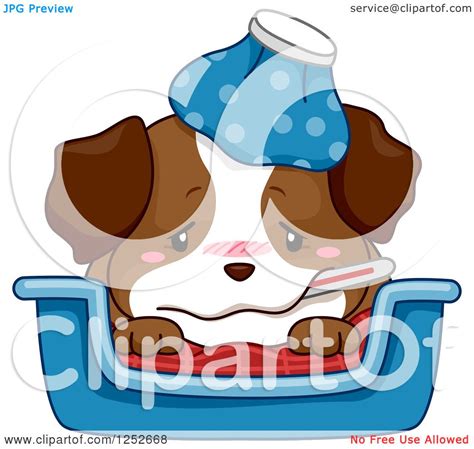 Clipart Of A Cute Sick Puppy Dog With A Thermometer And Ice Pack