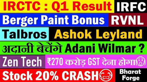 IRCTC Q120 CRASHAdani WilmarBerger Paint BonusZenTech Talbros