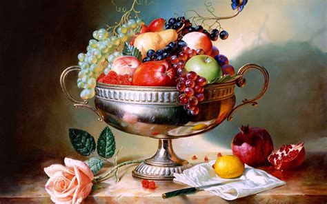 Art paintings still life fruit apples berry grapes ...