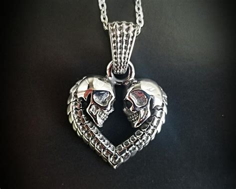 Double Skull Heart Necklace Gothic Jewelry Skull Pendant Oddities