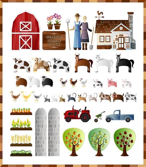 Šablona S Obrázky Farmářů Stodoly A Hospodářskými Zvířaty