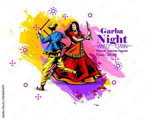 Vector Design Of Indian Couple Playing Garba In Dandiya Night In Disco