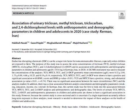 Association Of Urinary Triclosan Methyl Triclosan Triclocarban And 2