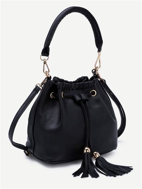 Black Faux Leather Tassel Drawstring Bucket Bag Sheinsheinside