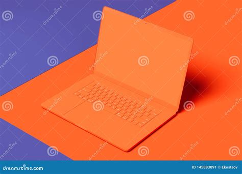 Orange Laptop With Blank Screen On Orange And Violet Background 3d