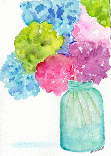 Hydrangeas In Aqua Mason Jar Watercolor By Sharonfosterart On Etsy
