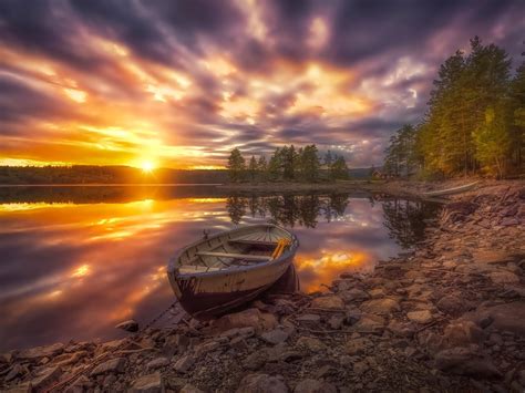Boat Lake Forest Clouds Sunset Norway Wallpaper Hd