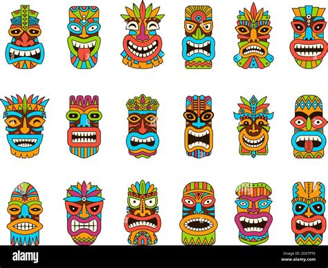 Tiki Masks Tribal Hawaii Totem African Traditional Wooden Symbols Vector Colored Mask