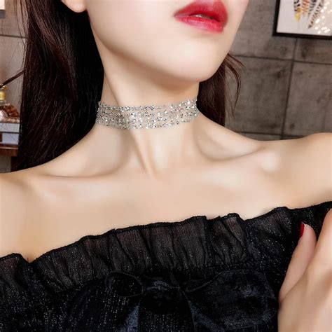 Silver Color Sexy Lace Sequins Choker Necklaces For Women Bohemia Invisible Neck Chain Chocker