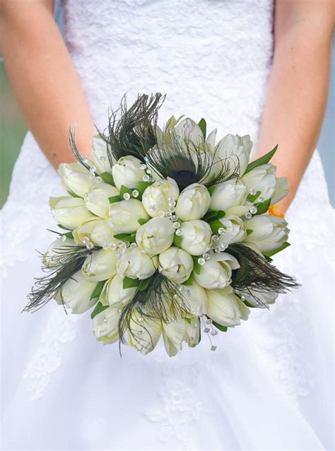 Brides Ivory Silk Tulip Peacock Feather And Crystal Wedding Bouquet