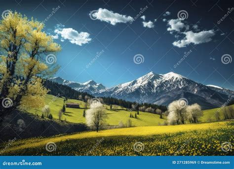 Spring Landscape In The Mountains With Yellow Flowers And Blue Sky