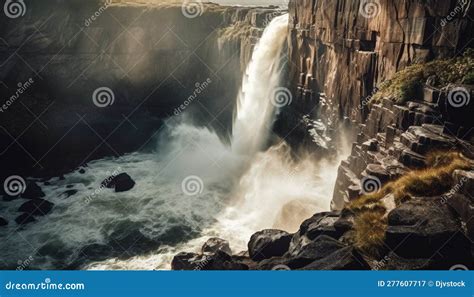 The Majestic Waterfall Flows Through The Rocky Ravine Awe Inspiring