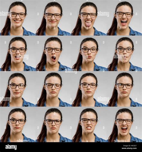 Multiple Portraits Of The Same Woman Making Diferent Expressions Stock