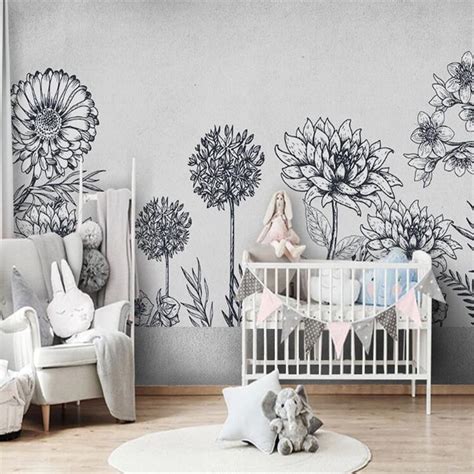 Custom Wallpaper Mural Nordic Black And White Flowers Bvm Home