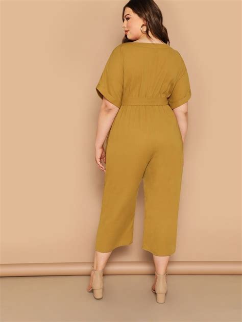 plus button front belted v neck jumpsuit shein plus size jumpsuit fashion jumpsuit fashion