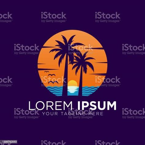 Palm Beach Logo Template Sea Water Waves With Sun Palm Trees And Beach