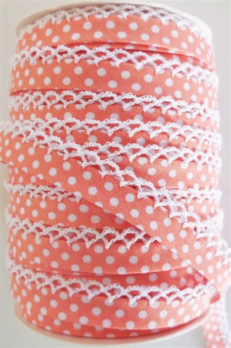 Coral Bias Tape Polka Dots Double Fold Bias White Etsy Crochet